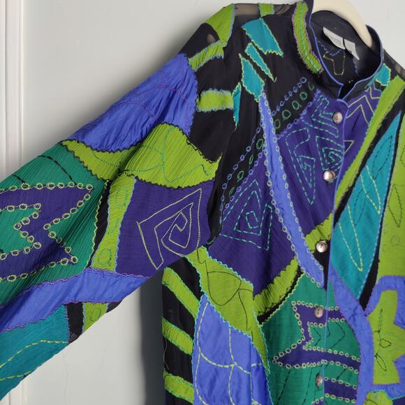 Vintage Chico's Women's Sz 2 (L) Green Blue Silk Jacket Geometric Art to Wear - Picture 3 of 7